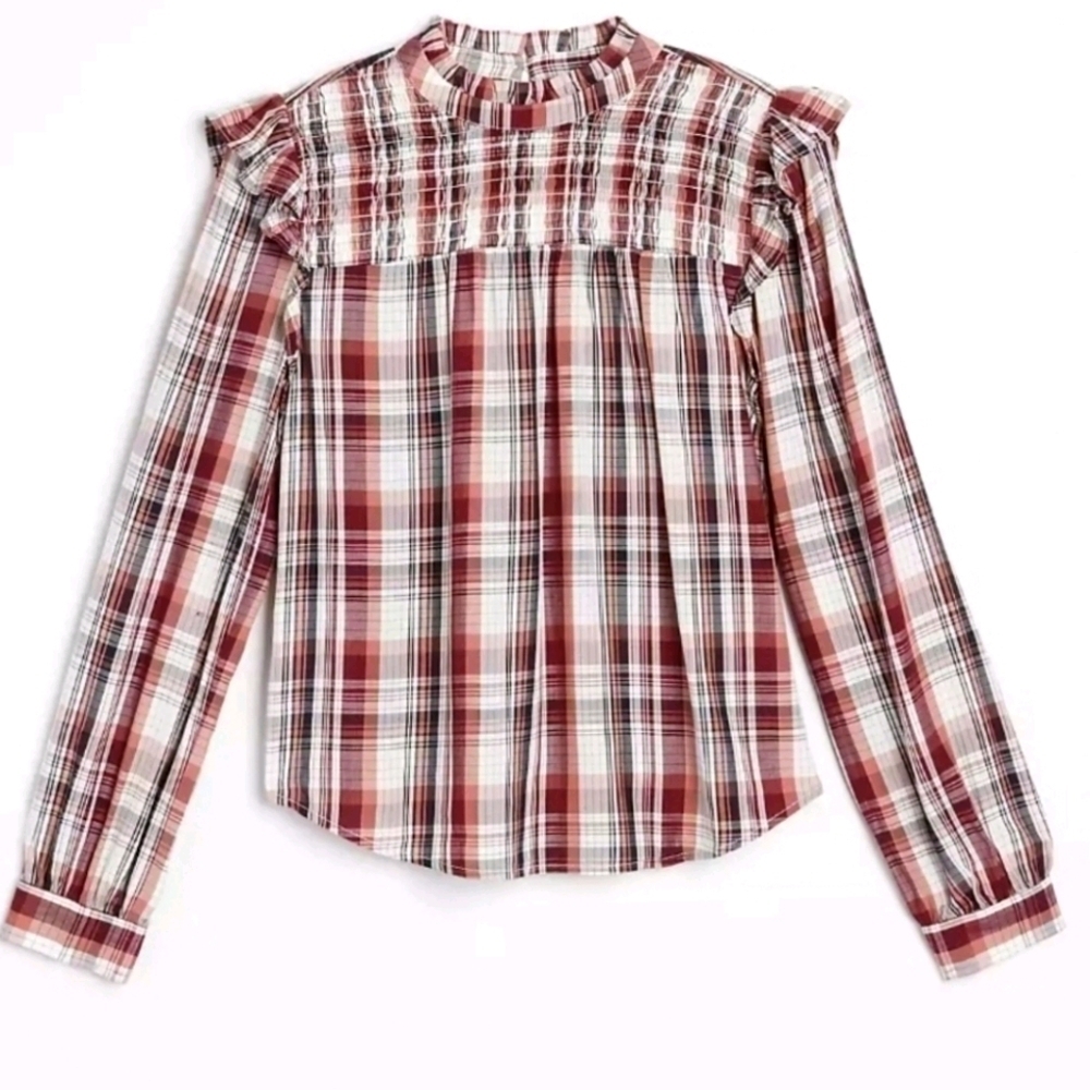𝅺NEW Loft Plaid Smocked Yoke Blouse